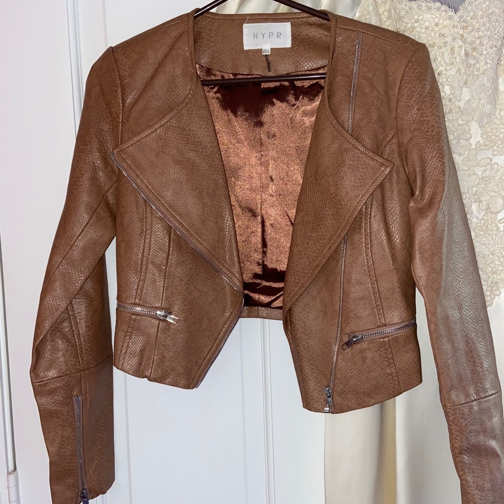 HYPR brown leather snakeskin jacket
